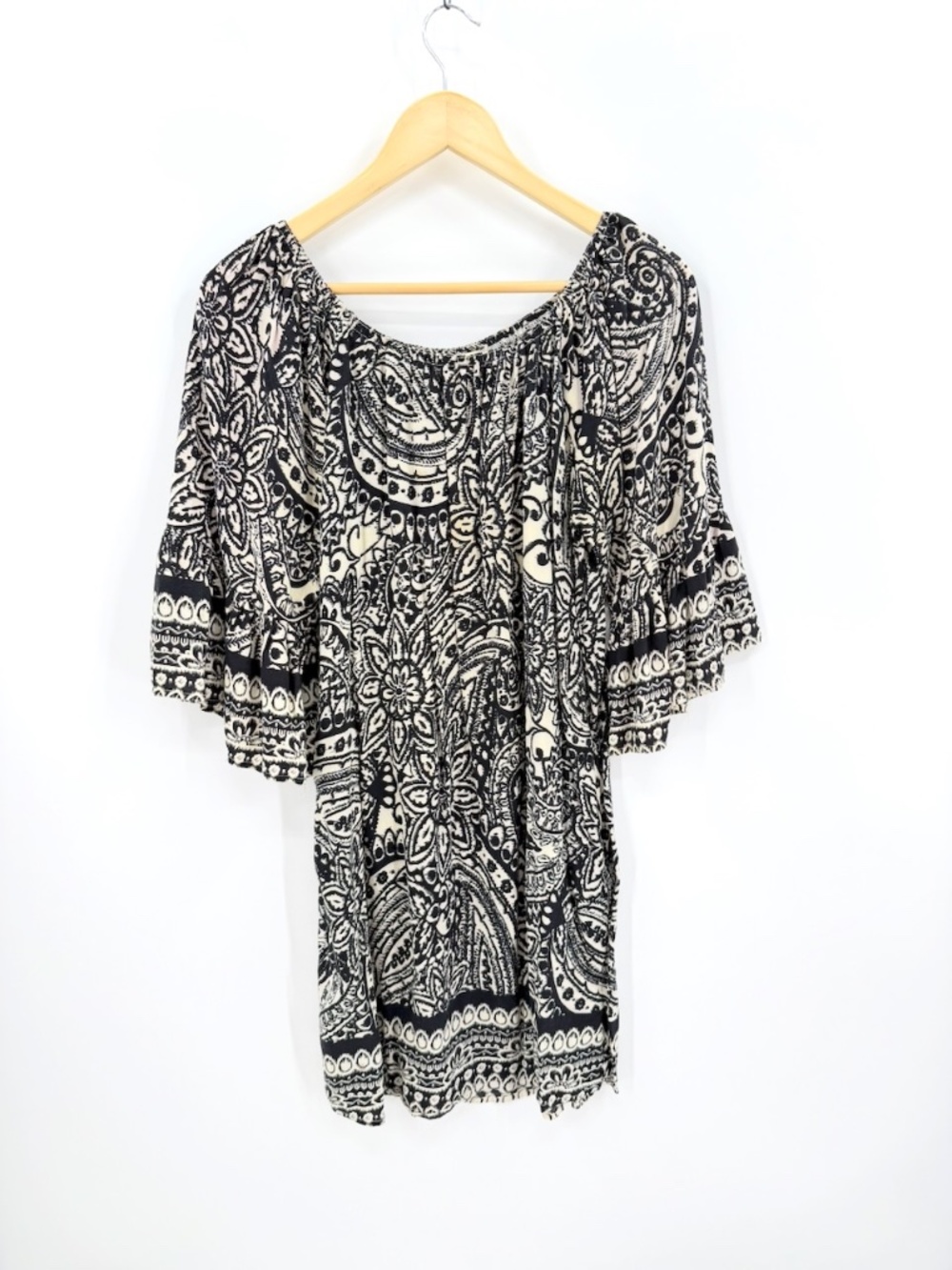 Umgee Boho Paisley Shift Dress Black White Bell Sleeve Tunic Pockets Medium M